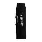 Pantalon en jean taille haute coupe droite, ample, troué, noir, drapé amincissant, jambe large, jean serpillière